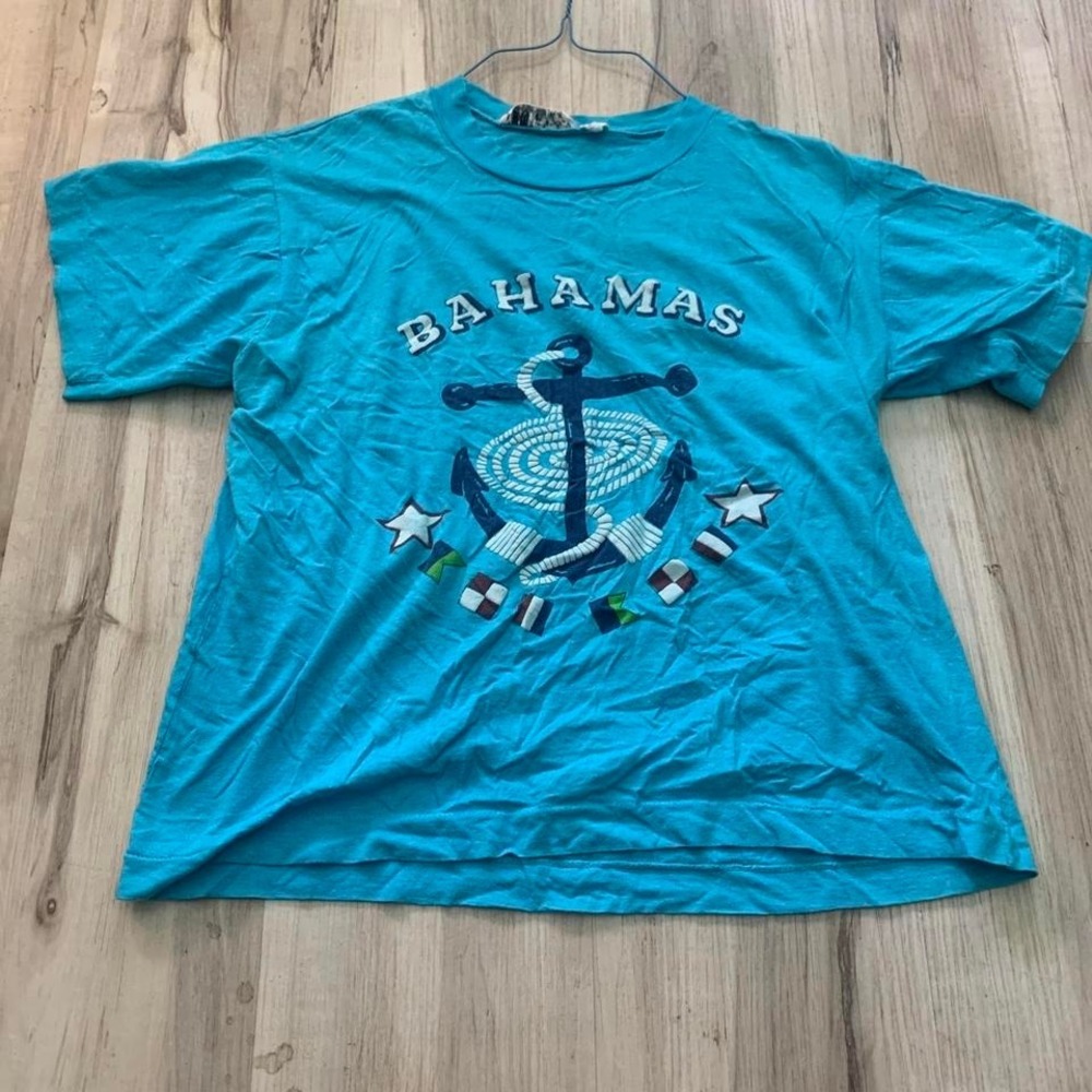 Vintage 1980s blue Bahamas graphic tee, single stitch with anchor design